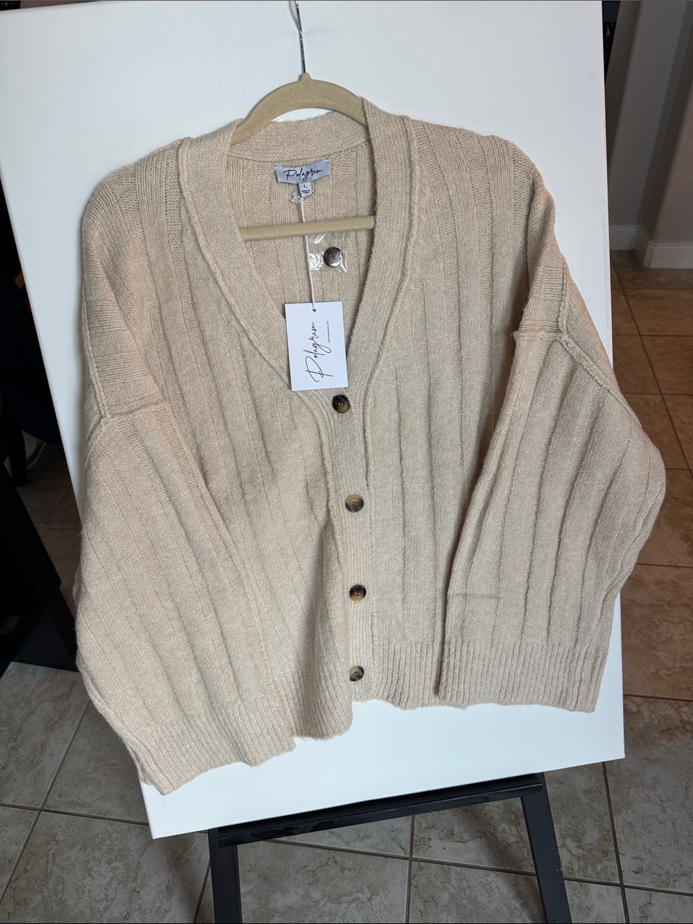 Polagram Cream Ribbed Button-Up Women’s Sweater Cardigan
